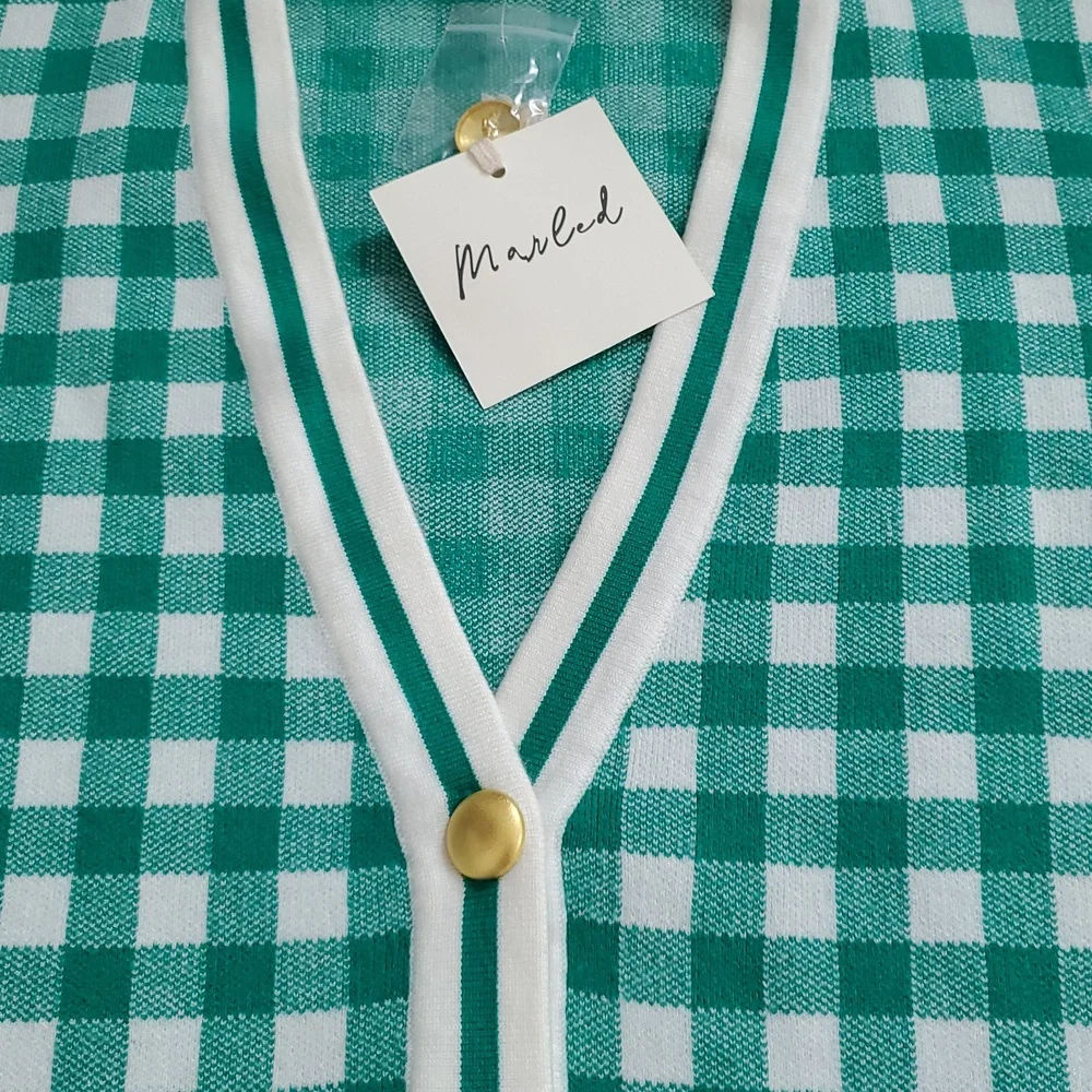 Marled Green Checkered Gold Button Cardigan Size XL
